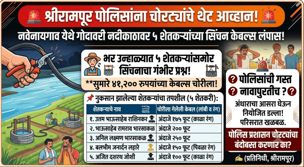 श्रीरामपूर पोलिसांना चोरट्यांचे थेट आव्हान..नवेनायगाव येथे गोदावरी नदीकाठावर ५ शेतकऱ्यांच्या सिंचन केबल्स लंपास!..पोलिसांची गस्त नावापुरतीच?