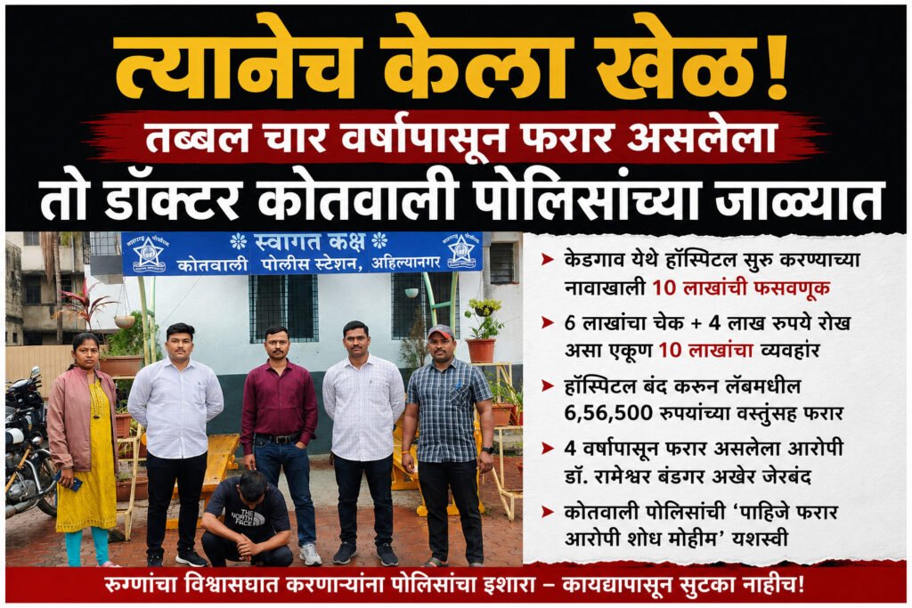 ज्या डॉक्टरावर रुग्णांनी आणि भागीदारांनी डोळे झाकून विश्वास ठेवला त्यानेच केला खेळ तब्बल चार वर्षापासून फरार असलेला तो डॉक्टर कोतवाली पोलिसांच्या जाळ्यात