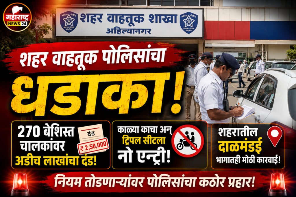 शहर वाहतूक पोलिसांचा धडाका! २७० बेशिस्त चालकांवर अडीच लाखांचा दंड;काळ्या काचा अन् ट्रिपल सीटला नो एन्ट्री! शहरातील दाळमंडई भागातही मोठी कारवाई